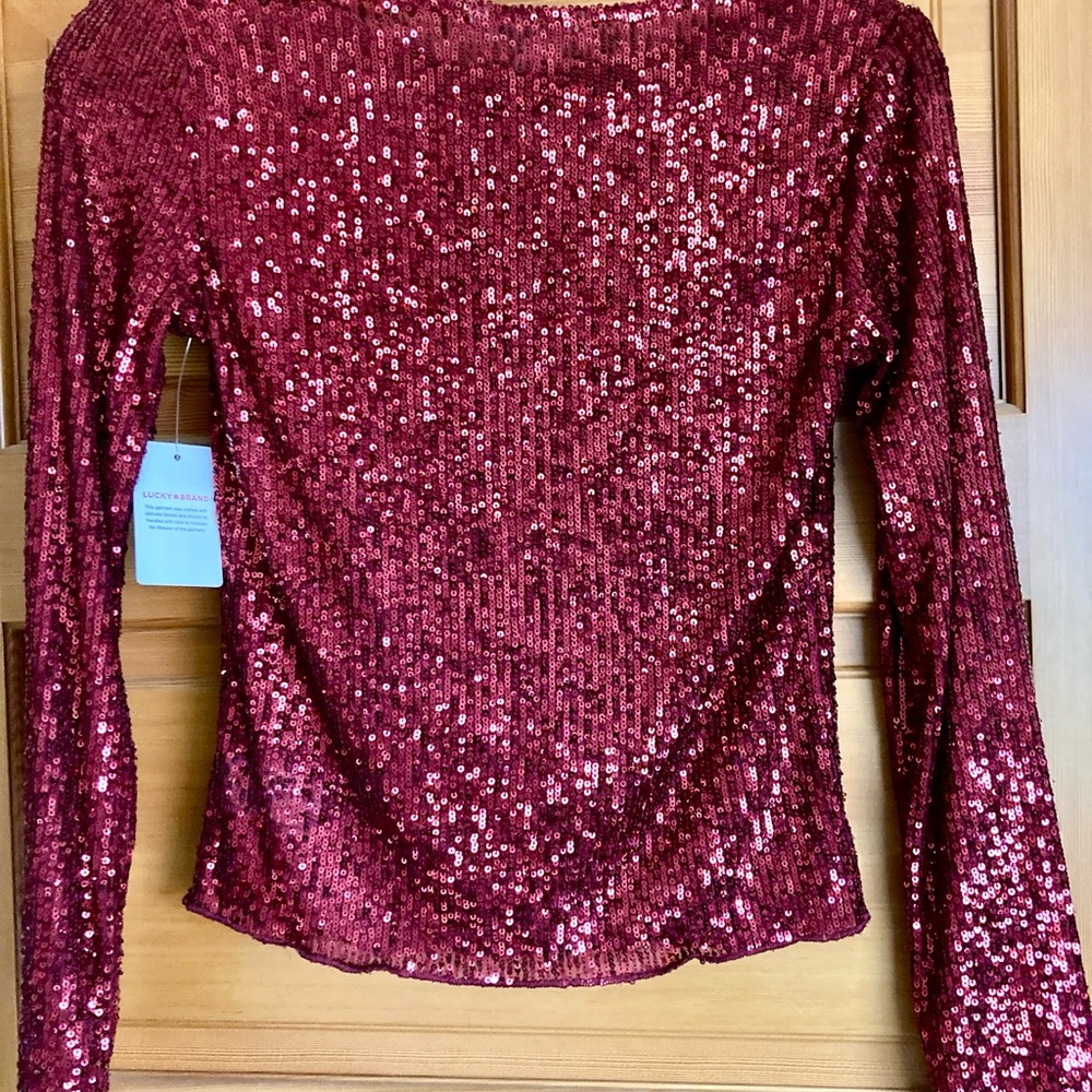 NWT Lucky Brand Sequin Long Sleeve Top - Red - Picture 3 of 8